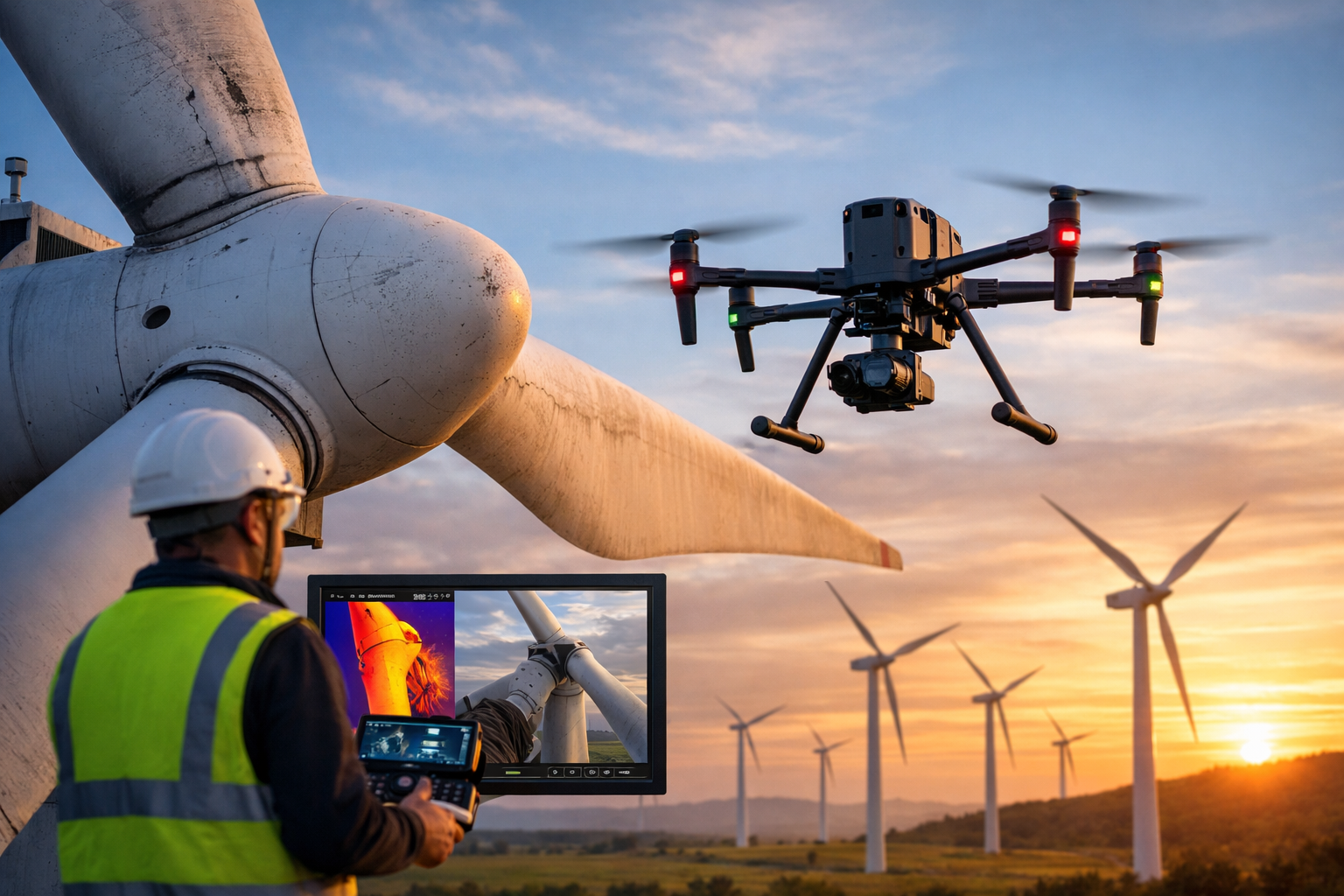 UAV coach and drone inspecting wind turbines