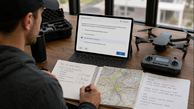 Person taking FAA Part 107 practice test, with drone on desk