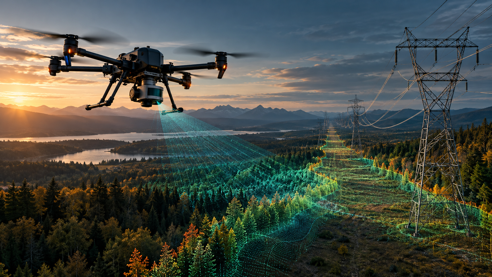 LiDAR point cloud analysis of transmission towers, conductors and vegetation displayed on engineering monitors