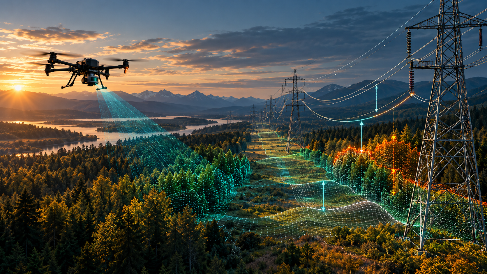 Drone LiDAR powerline corridor visualisation showing conductor clearances, mapped terrain and vegetation proximity