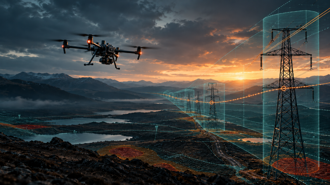 BVLOS infrastructure inspection corridor with flight paths and technical risk planning visualisation