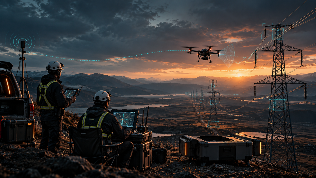 Professional drone operators using remote monitoring equipment during a powerline inspection mission