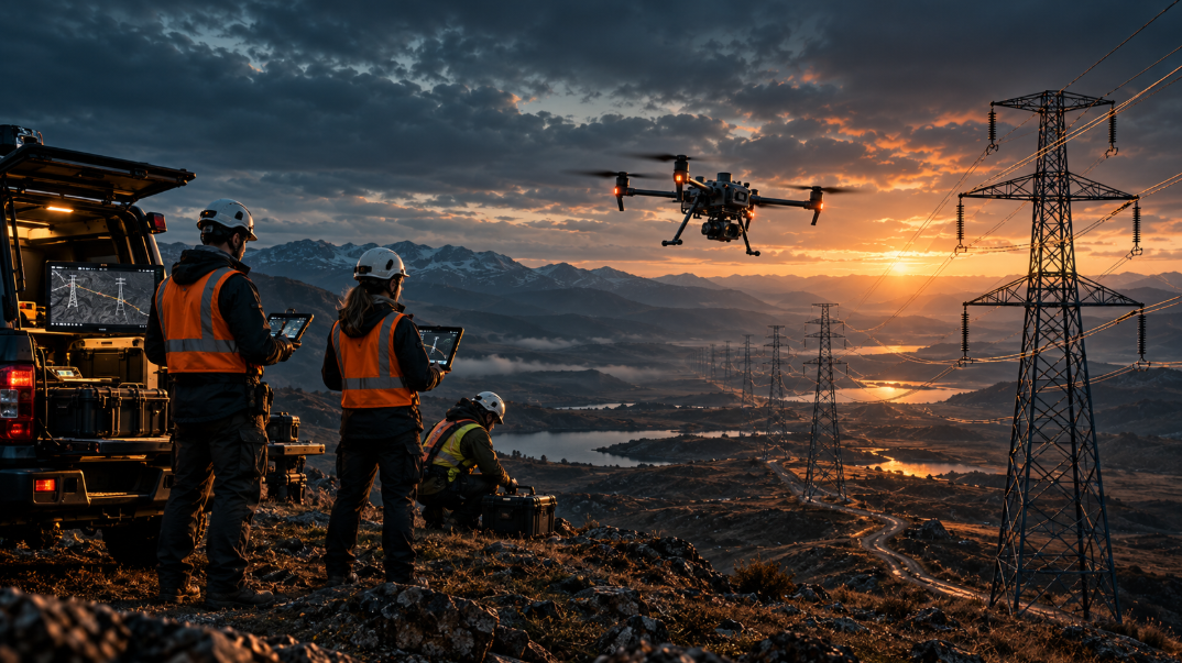Professional drone inspection team coordinating an infrastructure corridor mission using field equipment