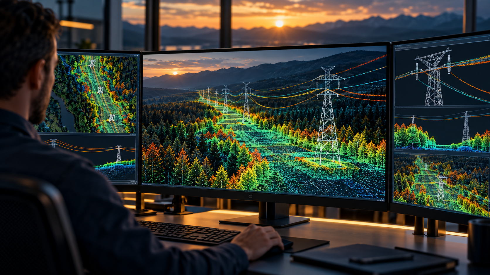 Survey professionals using GNSS equipment beside a drone and powerline corridor